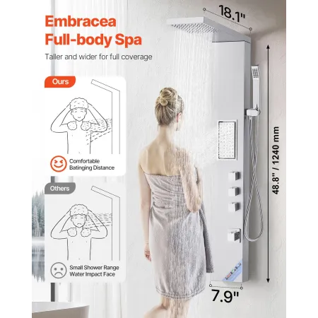 Shower Panel Tower System with Rainfall Shower Head, 53 in Brushed Stainless Steel Shower Column, 3-Function Faucet, High Pressu