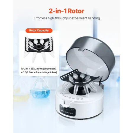 VEVOR Mini Centrifugemaskine, 3013xg RCF elektrisk laboratoriecentrifugemaskine med 2-i-1 rotor til 0,2/1,5/2ml rørkapacitet