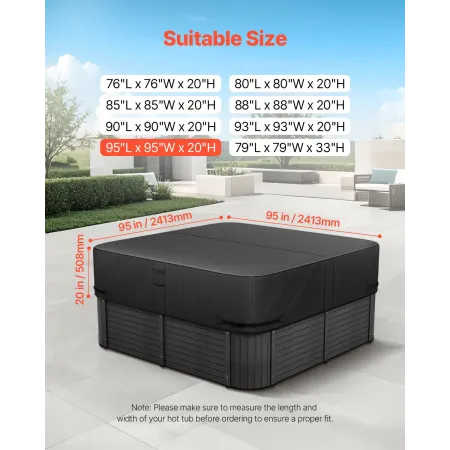 VEVOR Outdoor Hot Tub Cover, 95x95x20in/2413x2413x508mm Vejr- og vandtæt Hot Tub Cover Protector, 600D Heavy Duty Oxfor