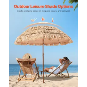 Tiki Umbrella, 6 ft Thatched Patio Umbrella with Tilt, Hawaiian Style Beach Parasol with Durable PP Thatch and 8 Metal Ribs, Gra