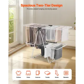 VEVOR Clothes Drying Rack, 2-Tier Foldable Laundry Dryer Rack with Sock Clips & 31 Dry Rods, Metal Height Adjustable Drying Rack