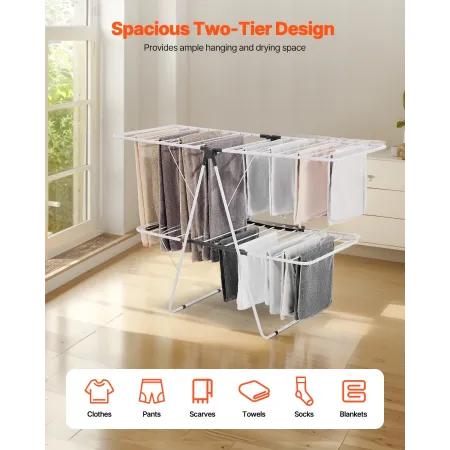 Clothes Drying Rack, 2-Tier Foldable Laundry Dryer Rack with Sock Clips & 31 Dry Rods, Metal Height Adjustable Drying Racks for 