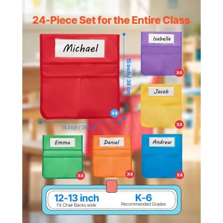 VEVOR stolelommer til klasseværelset, 24 pakke, 14 x 15 tommer Chairback Buddy-lomme med navneskilt, 6 lyse farver, stoleryggen