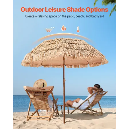 VEVOR Tiki Umbrella, 6.5 ft Thatched Patio Umbrella with Tilt, Hawaiian Style Beach Parasol with Durable PP Thatch and 8 Metal R