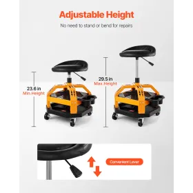 VEVOR Rolling Shop Stool, Heavy-Duty Pneumatic Garage Seat with 300 lbs Capacity, Adjustable Height Roller Creeper Seat, 360° Sw