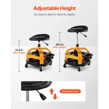 VEVOR Rolling Shop Taburet, Heavy Duty pneumatisk garagesæde med 300 lbs kapacitet, justerbar højde Rullekrybesæde, 360° Sw