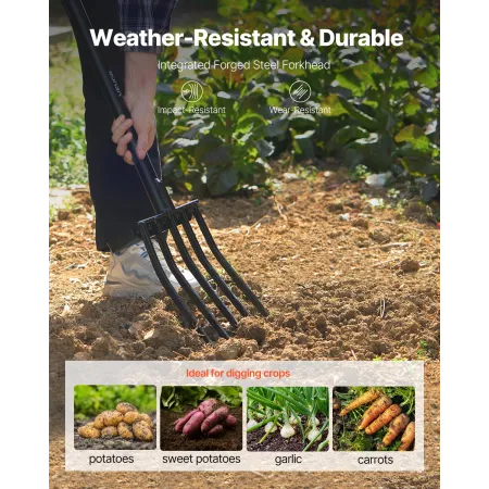 VEVOR havegaffel, 5-tands havegaffel med metalhåndtag, 41 i kraftig gravegaffel med Y-greb, smedet stålspade