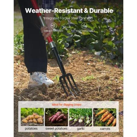 VEVOR havegaffel, 4-tands havegaffel med glasfiberhåndtag, 45 i kraftig gravegaffel med Y-greb, Forged Steel Sp