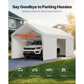 VEVOR Carport, 12 x 20 FT udendørs biloverdækning, drikkebar carport med aftagelige sidevægge og dør, Heavy Duty Car Shelter,