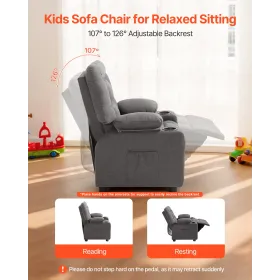 VEVOR Kids Reclining Chair, Toddler Recliner with Cup Holders and Pockets, 107° to 126° Adjustable Backrest, Breathable Polyeste