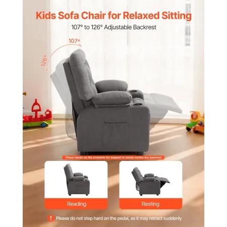 Kids Reclining Chair, Toddler Recliner with Cup Holders and Pockets, 107° to 126° Adjustable Backrest, Breathable Polyester Fabr