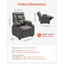 VEVOR Kids Reclining Chair, Toddler Recliner with Cup Holders and Pockets, 107° to 126° Adjustable Backrest, Breathable Polyeste