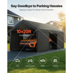 VEVOR Carport, 10 x 20 FT udendørs biloverdækning, drikkebar carport med aftagelige sidevægge og dør, Heavy Duty Car Shelter,