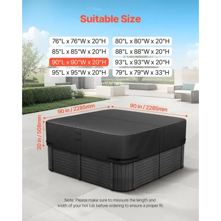 VEVOR Outdoor Hot Tub Cover, 90x90x20in/2285x2285x508mm Weatherproof & Waterproof Hot Tub Cover Protector, 600D Heavy Duty Oxfor
