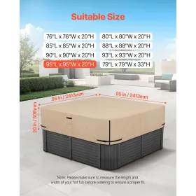 VEVOR Outdoor Hot Tub Cover, 95x95x20in/2413x2413x508mm Vejr- og vandtæt Hot Tub Cover Protector, 600D Heavy Duty Oxfor