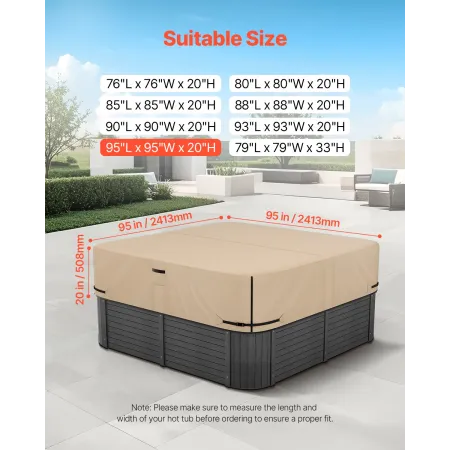 Outdoor Hot Tub Cover, 95x95x20in/2413x2413x508mm Vejr- og