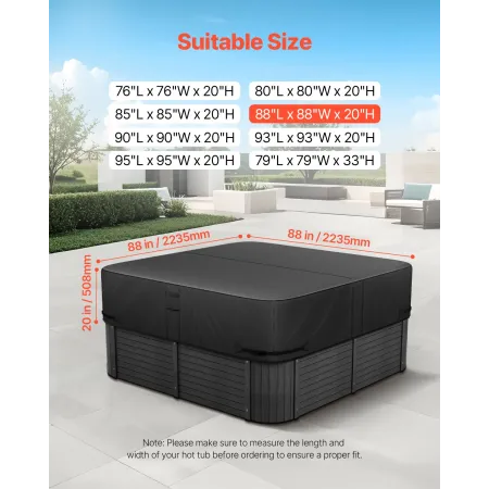 Outdoor Hot Tub Cover, 88x88x20in/2235x2235x508mm Vejr- og