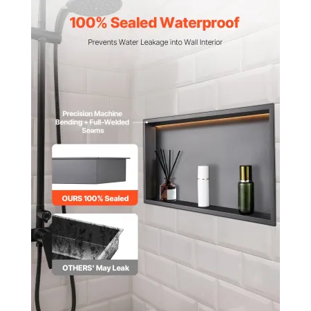 VEVOR Shower Niche, 33.0 x 63.5 x 10.2 cm Recessed Wall Niche With LED Strip, Heavy-duty Stainless Steel Modern Shampoo Storage 