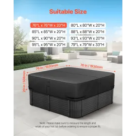VEVOR Outdoor Hot Tub Cover, 76x76x20in/1930x1930x508mm Weatherproof & Waterproof Hot Tub Cover Protector, 600D Heavy Duty Oxfor