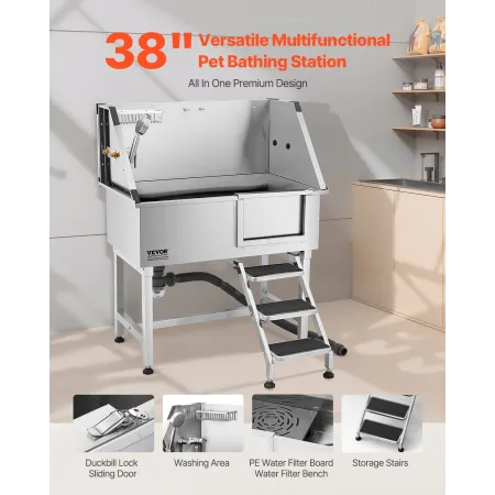 VEVOR 96,5 cm rustfrit stål hundevaskestation, kæledyrsplejekar med varmt og koldt vandhane, brusehoved, hjemmevask, passer til
