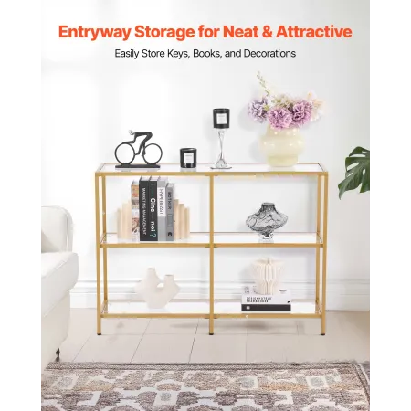 VEVOR 3-Tier Glass Console Table, Modern Rectangle Sofa Side Table with Tempered Glass Top and Iron Legs, Golden Consloe Desk wi