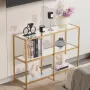 3-Tier Glass Console Table, Modern Rectangle Sofa Side Table with Tempered Glass Top and Iron Legs, Golden Consloe Desk with Ant