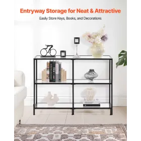3-Tier Glass Console Table, Modern Rectangle Sofa Side Table with Tempered Glass Top and Iron Legs, Golden Consloe Desk with Ant