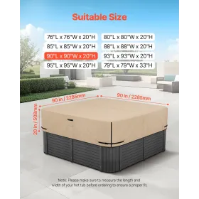 VEVOR Outdoor Hot Tub Cover, 90x90x20in/2285x2285x508mm Weatherproof & Waterproof Hot Tub Cover Protector, 600D Heavy Duty Oxfor