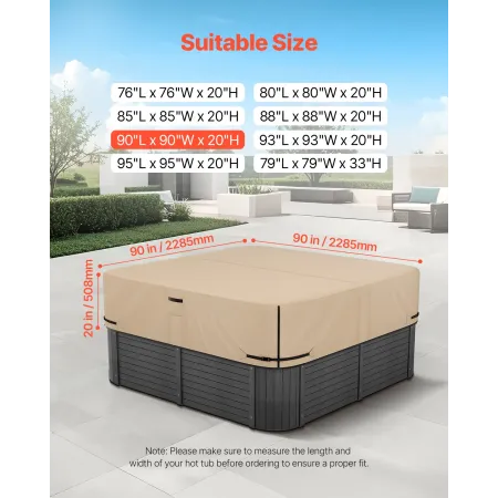 VEVOR Outdoor Hot Tub Cover, 90x90x20in/2285x2285x508mm Weatherproof & Waterproof Hot Tub Cover Protector, 600D Heavy Duty Oxfor