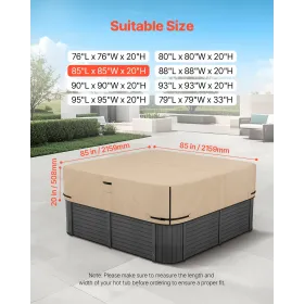 VEVOR Outdoor Hot Tub Cover, 85x85x20in/2160x2160x508mm Weatherproof & Waterproof Hot Tub Cover Protector, 600D Heavy Duty Oxfor