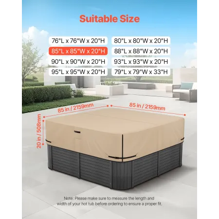 VEVOR Outdoor Hot Tub Cover, 85x85x20in/2160x2160x508mm Weatherproof & Waterproof Hot Tub Cover Protector, 600D Heavy Duty Oxfor