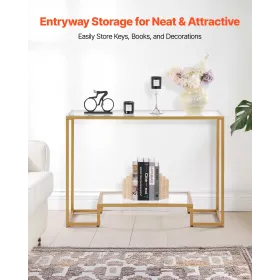 2-Tier Glass Console Table, Modern Rectangle Sofa Side Table with Tempered Glass Top and Iron Legs, Golden Consloe Desk with Ant