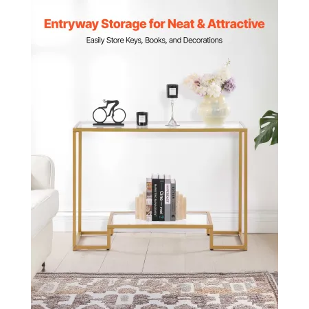 2-Tier Glass Console Table, Modern Rectangle Sofa Side Table with Tempered Glass Top and Iron Legs, Golden Consloe Desk with Ant