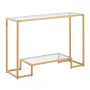 2-Tier Glass Console Table, Modern Rectangle Sofa Side Table with Tempered Glass Top and Iron Legs, Golden Consloe Desk with Ant
