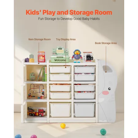 VEVOR Kids Toy Storage, 4-Tier Elephant-Shape Toy Storage Organizer with 10 Plastic Movable Bins, Kids Cubby Cabinet Made from H