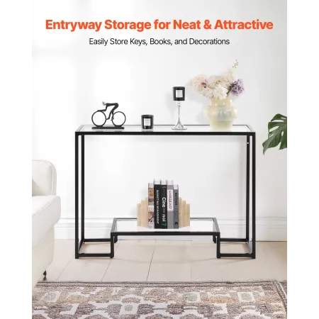 2-Tier Glass Console Table, Modern Rectangle Sofa Side Table with Tempered Glass Top and Iron Legs, Golden Consloe Desk with Ant