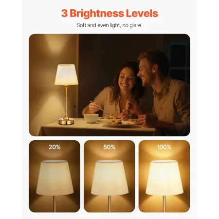 VEVOR Cordless Table Lamp, 2 Pack, 5200mAh Built-in Rechargeable Battery Desk Lamp, 3-Level Brightness, Fabric Shade, 2700-3000K