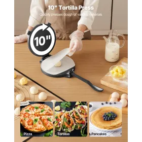 Tortilla Press, 10 Inch Cast Iron Tortilla and Roti Maker, Heavy Duty Tortilladora Press, Pataconera Makers with Handle and 100 