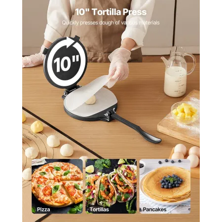 Tortilla Press, 10 Inch Cast Iron Tortilla and Roti Maker, Heavy Duty Tortilladora Press, Pataconera Makers with Handle and 100 