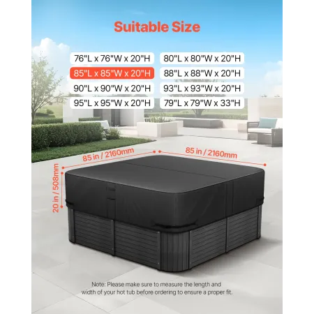 Outdoor Hot Tub Cover, 85x85x20in/2160x2160x508mm Vejr- og