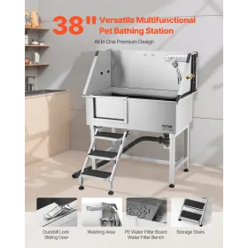 VEVOR 96.5 cm Stainless Steel Dog Washing Station, Pet Grooming Tub with Hot & Cold Faucet, Showerhead, Home Wash Sink, Fits Sma