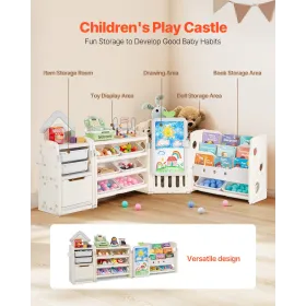 Kids Toy Storage with Bookshelf, 4-Tier Large Toy Storage Organizer with 10 Plastic Movable Bins, Kids Cubby Cabinet with Booksh