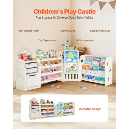 VEVOR Kids Toy Storage with Bookshelf, 4-Tier Large Toy Storage Organizer with 10 Plastic Movable Bins, Kids Cubby Cabinet with 