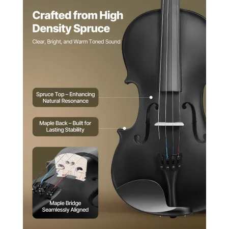 Violin 355mm Size 4/4 Fiddle Set Solidwood for Beginner with Case Rosin Black