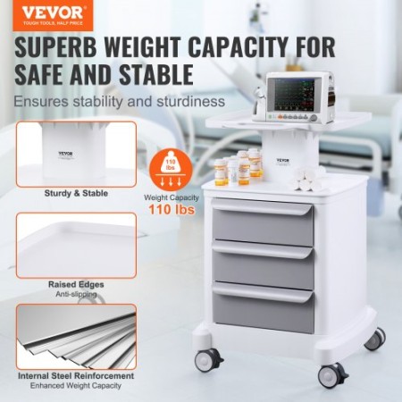 4 Tiers Lab Carts Mobile Medical Cart with 3 Drawers & 1 Top Tray White
