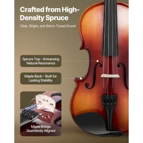 Violin 4/4 355mm Full Size Fiddle Set Solidwood for Beginner Glossy Brown