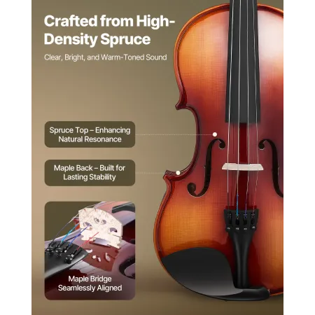 Violin 4/4 355mm Full Size Fiddle Set Solidwood for Beginner Glossy Brown