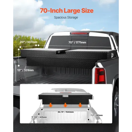 Crossover Truck Tool Box, 70x20x13 In, Heavy Duty Aluminum Toolbox with Diamond Texture, Pick Up Truck Bed RV Trailer Toolbox, W
