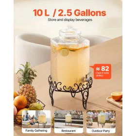 VEVOR Beverage Dispenser, 10L Drink Dispensers for Parties, Glass Juice Dispenser with Metal Stand, Stainless Steel Spigot, Iced