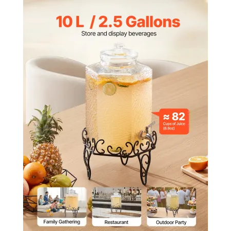 Beverage Dispenser, 10L Drink Dispensers for Parties, Glass Juice Dispenser with Metal Stand, Stainless Steel Spigot, Iced Tea L